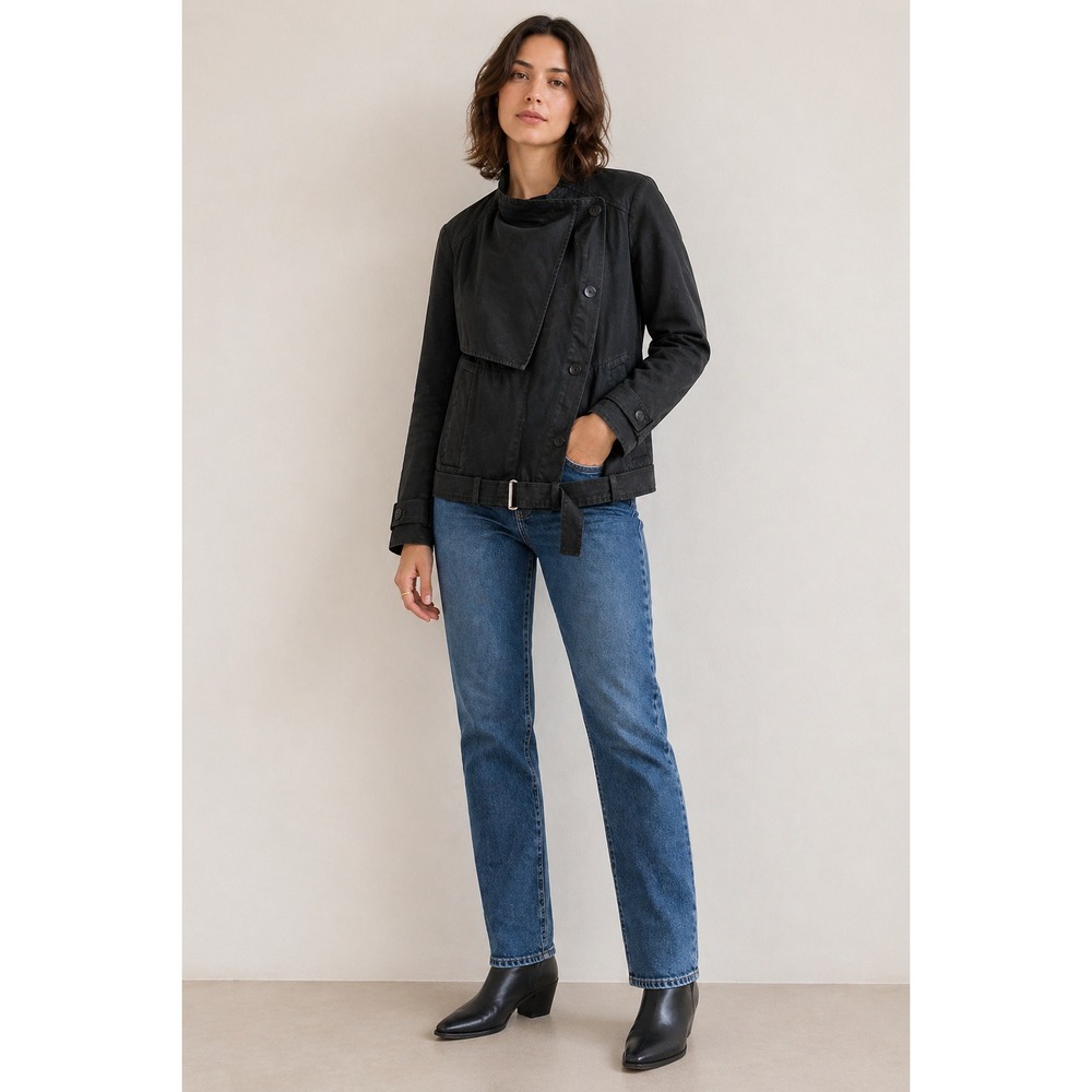 Helmut Lang Womens Surge Asymmetric Cotton Moto Jacket Black Size S Belted Front